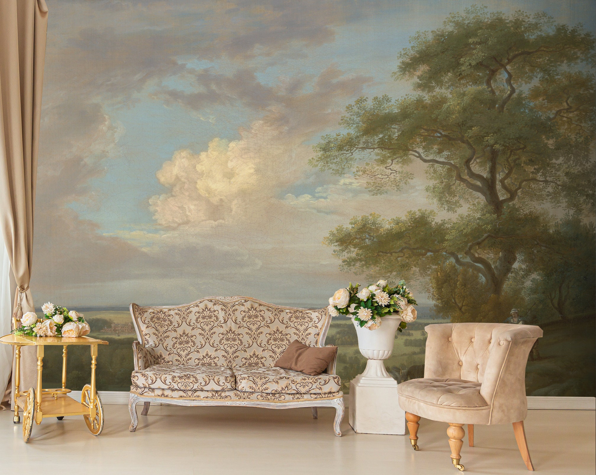 Vintage Tree Wallpaper, Landscape Wall Mural, Scenic Village Home Decor ...