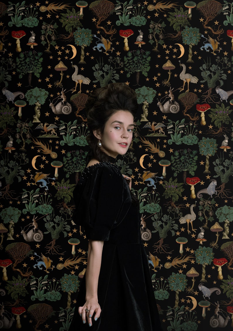 May include: A woman in a black velvet dress stands in front of a dark background with a repeating pattern of stars, mushrooms, and other whimsical creatures. The pattern is in shades of green, gold, and red.