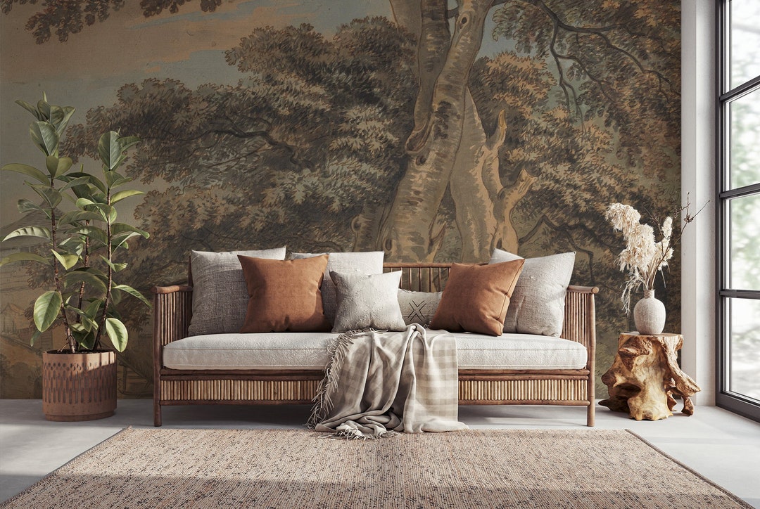 Vintage Tree Wallpaper, Landscape Wall Mural, Scenic Village Home Decor ...