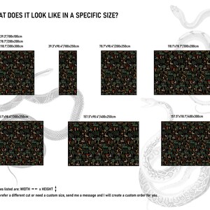 May include: A visual guide showing how a forest-themed wallpaper pattern looks in different sizes. The sizes are listed in inches and centimeters. The text reads "What does it look like in a specific size?" and "The sizes listed are: WIDTH x HEIGHT. If you prefer a different cut or need a custom size, send me a message and I will create a custom order for you."