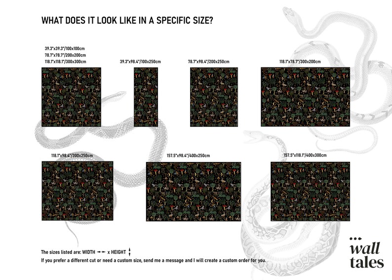 May include: A visual guide showing how a forest-themed wallpaper pattern looks in different sizes. The sizes are listed in inches and centimeters. The text reads "What does it look like in a specific size?" and "The sizes listed are: WIDTH x HEIGHT. If you prefer a different cut or need a custom size, send me a message and I will create a custom order for you."