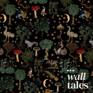 May include: A black background with a repeating pattern of whimsical illustrations. The pattern includes mushrooms, stars, trees, animals, and a crescent moon. The text "...wall tales" is in the bottom right corner of the image.