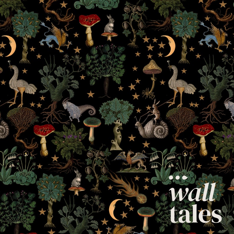 May include: A black background with a repeating pattern of whimsical illustrations. The pattern includes mushrooms, stars, trees, animals, and a crescent moon. The text "...wall tales" is in the bottom right corner of the image.