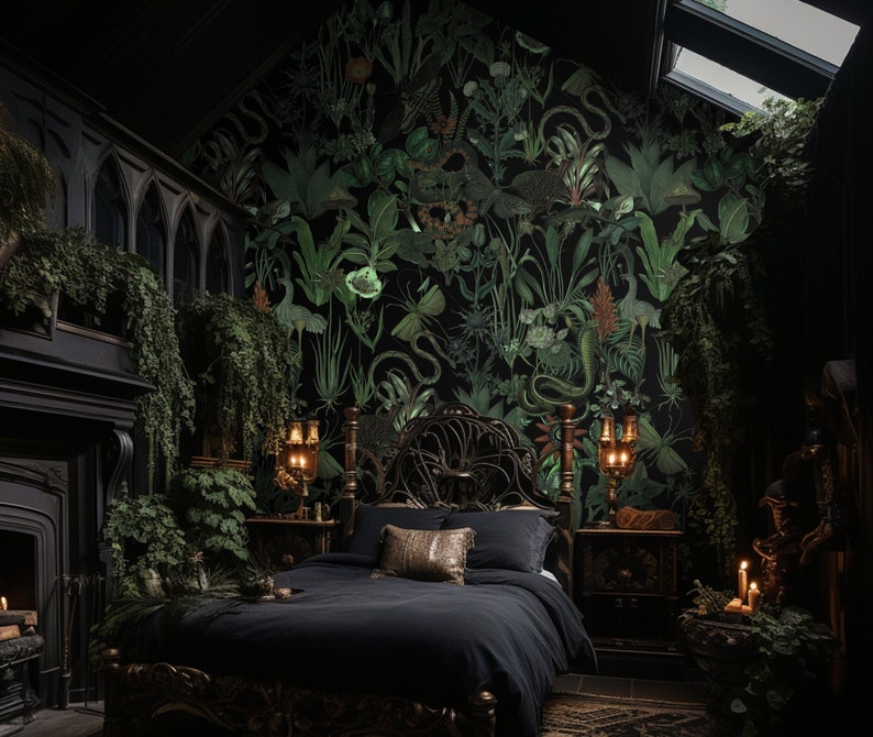 Enchanted garden wall mural, dark botanical wallpaper, vintage floral art, home decor, peel and stick self adhesive or traditional wallpaper image 1