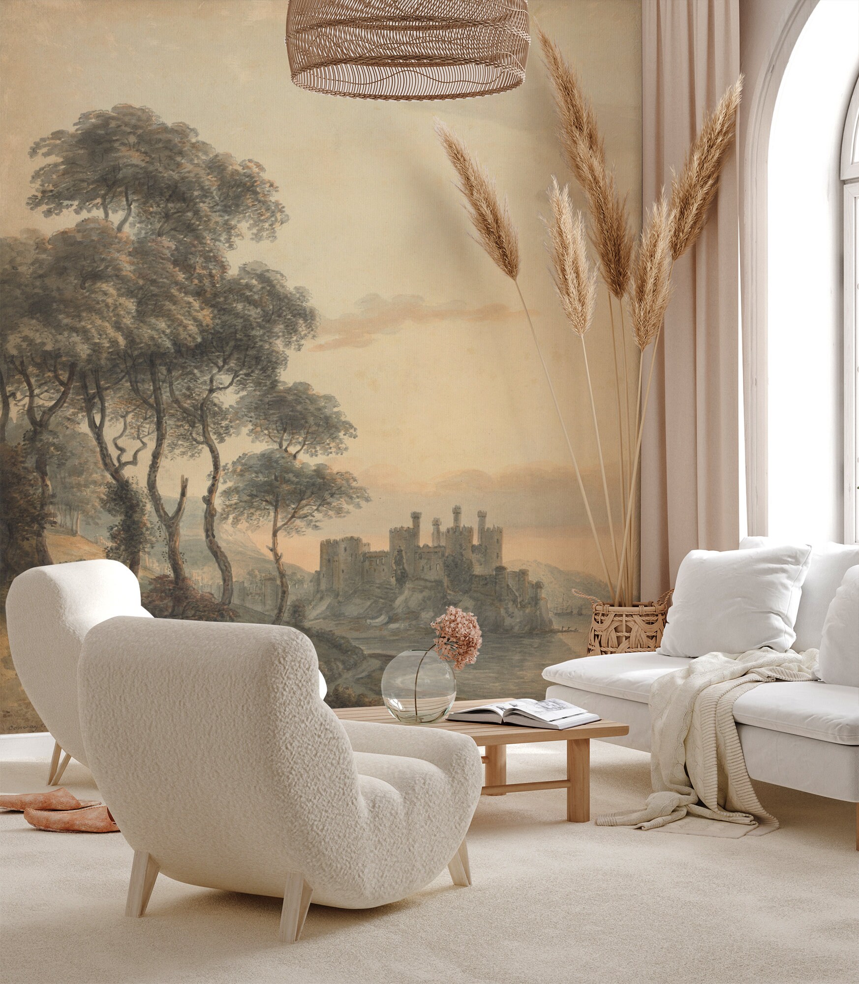 Vintage Landscape Wallpaper, Tree Wall Mural, Scenic Village Home Decor ...