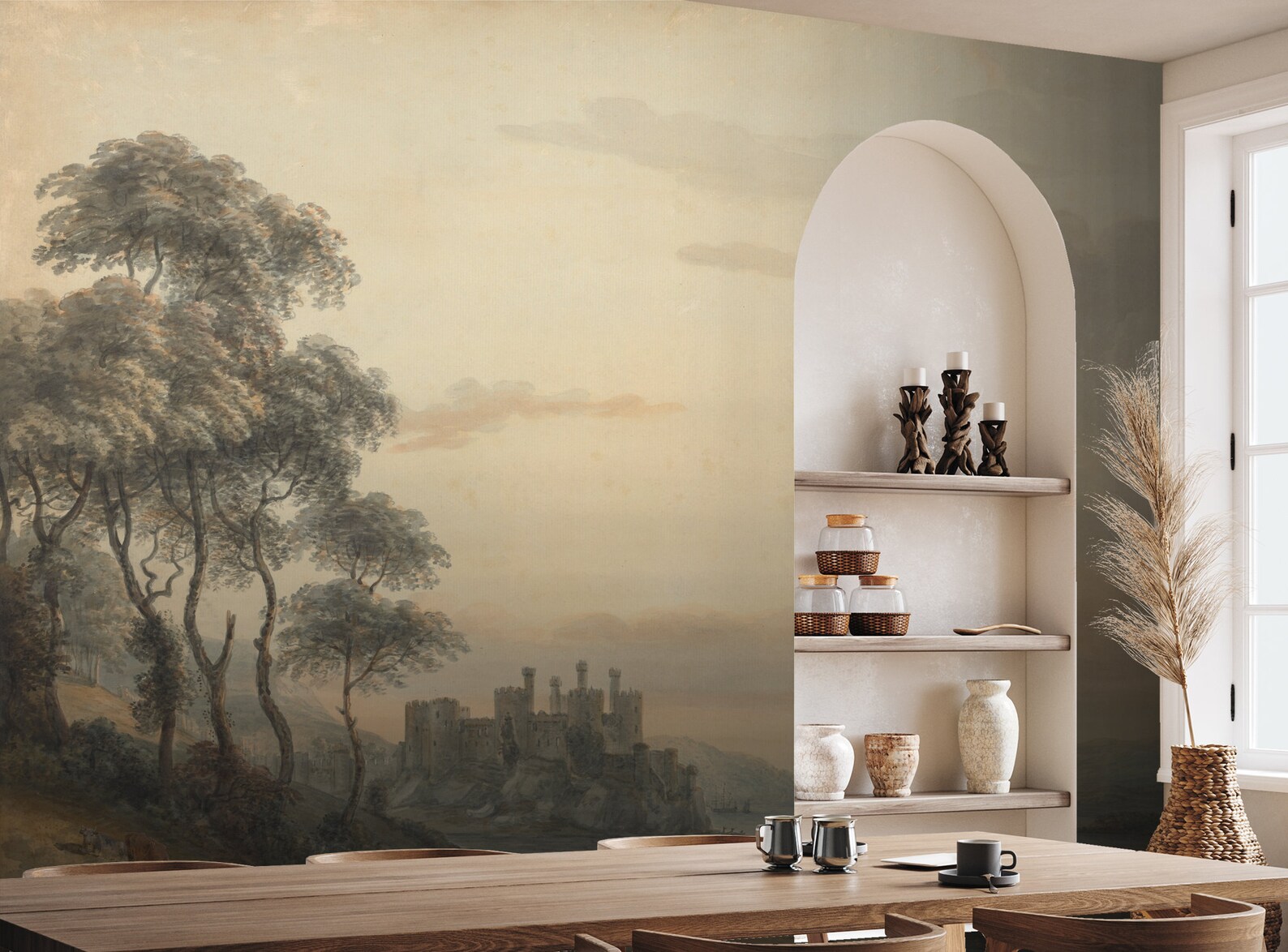 Vintage Landscape Wallpaper, Tree Wall Mural, Scenic Village Home Decor ...