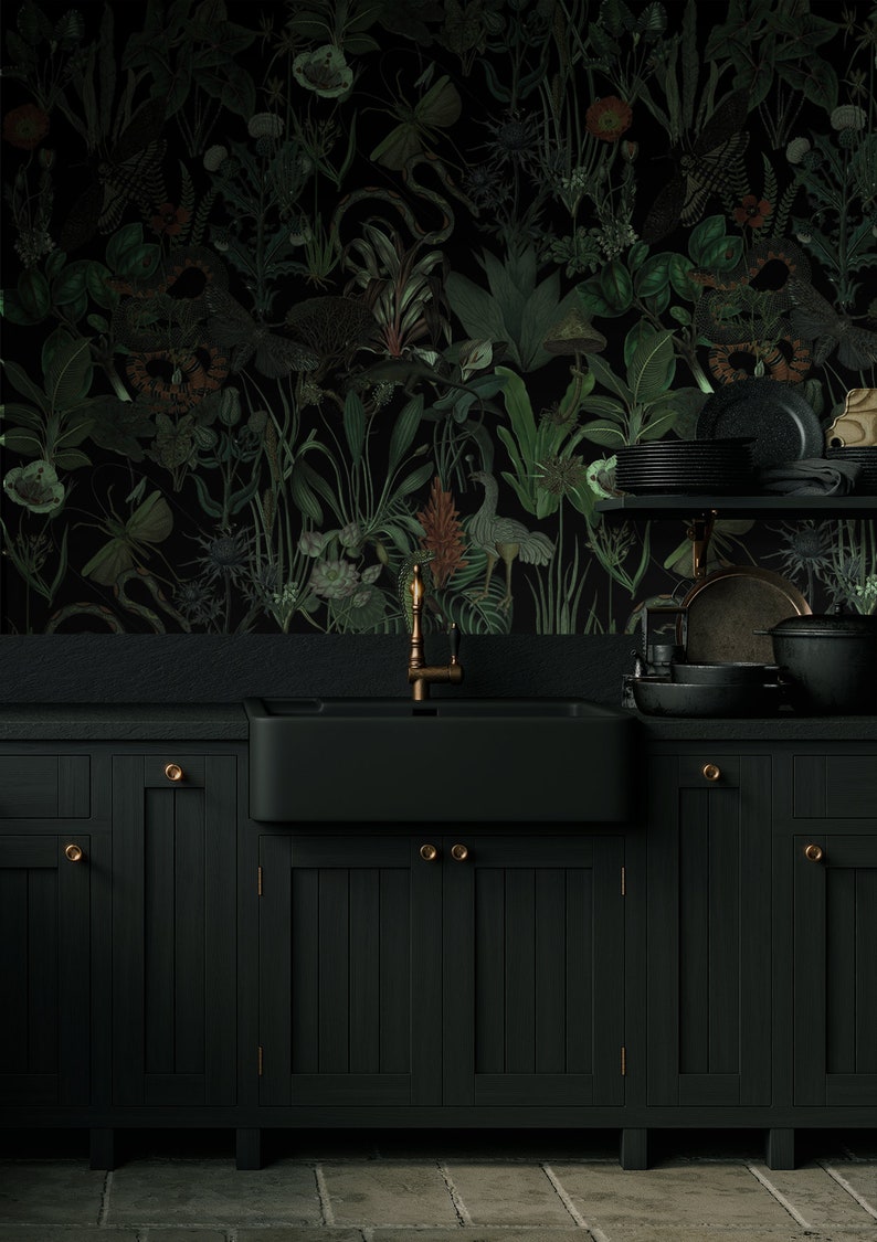 Enchanted garden wall mural, dark botanical wallpaper, vintage floral art, home decor, peel and stick self adhesive or traditional wallpaper image 3
