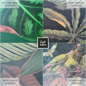 May include: Four samples of wallpaper with different finishes: peel and stick, vinyl smooth, vinyl canvas, and vinyl glossy. Each sample features a tropical leaf design with a dark background.