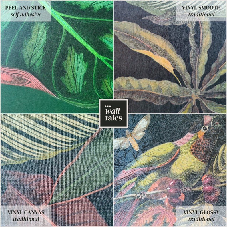 May include: Four samples of wallpaper with different finishes: peel and stick, vinyl smooth, vinyl canvas, and vinyl glossy. Each sample features a tropical leaf design with a dark background.
