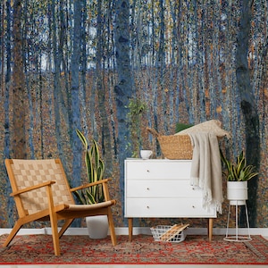 Carta da parati blu e marrone con foresta di betulle, carta da parati murale con albero, decorazioni per la casa vintage con stacca e incolla, carta da parati autoadesiva o tradizionale