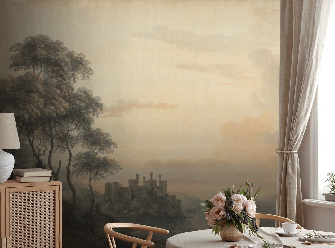 Vintage Landscape Wallpaper, Tree Wall Mural, Scenic Village Home Decor ...