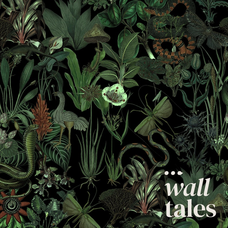 Enchanted garden wall mural, dark botanical wallpaper, vintage floral art, home decor, peel and stick self adhesive or traditional wallpaper image 2