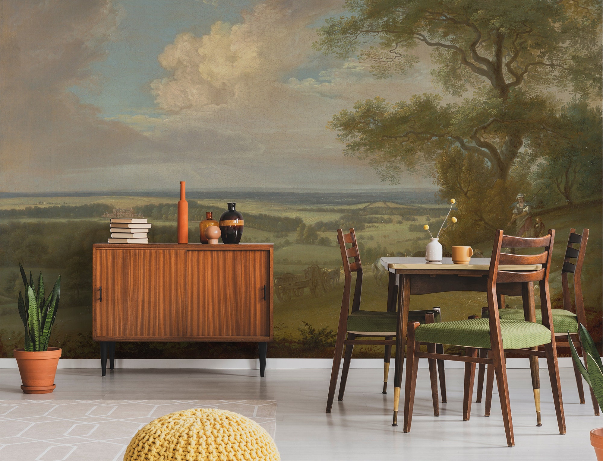 Vintage Tree Wallpaper, Landscape Wall Mural, Scenic Village Home Decor ...