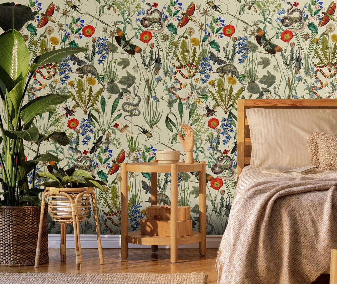 Botanical Wallpaper, Tropical Leaf and Animal Wall Mural, Floral Art ...