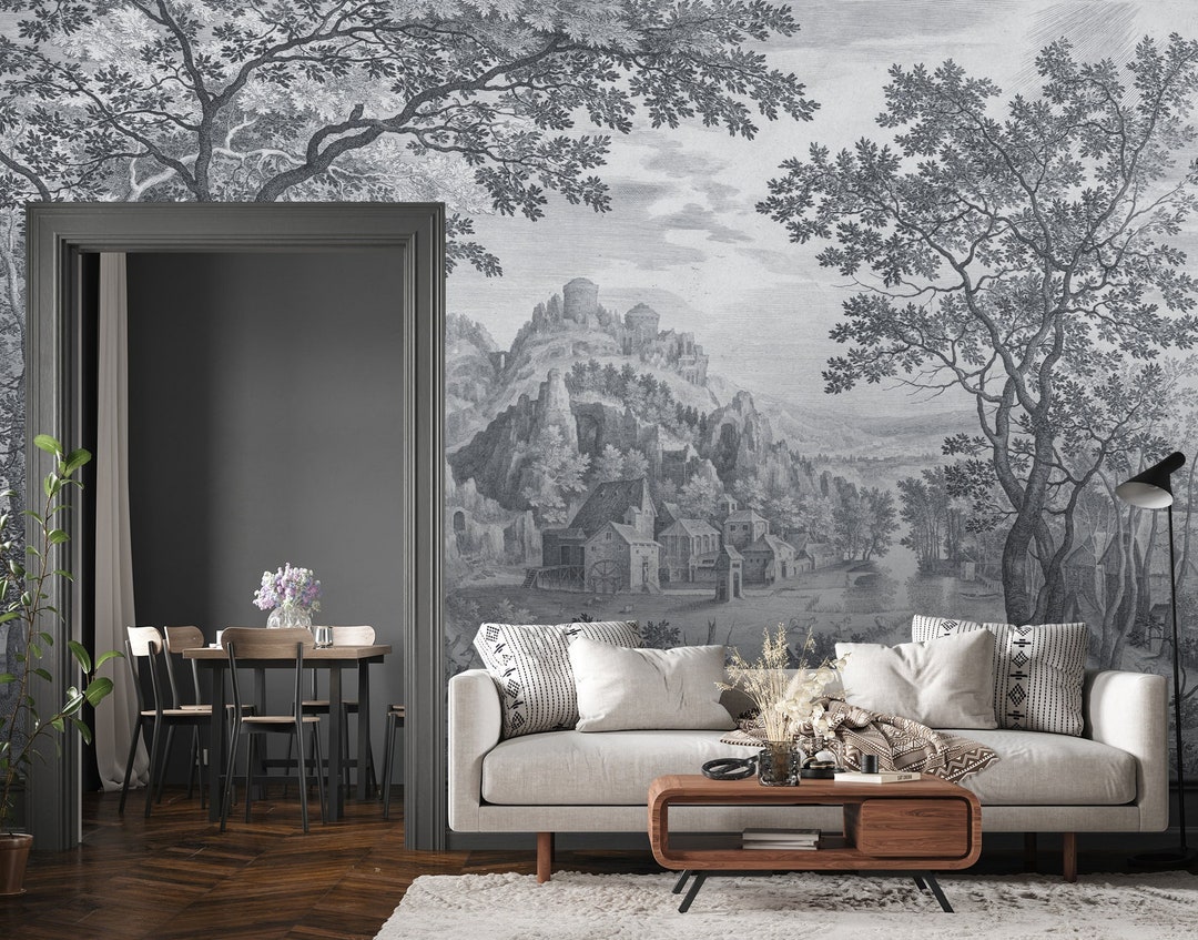 Tree Landscape Wallpaper, Vintage Wall Mural, Mountain Home Decor, Peel ...