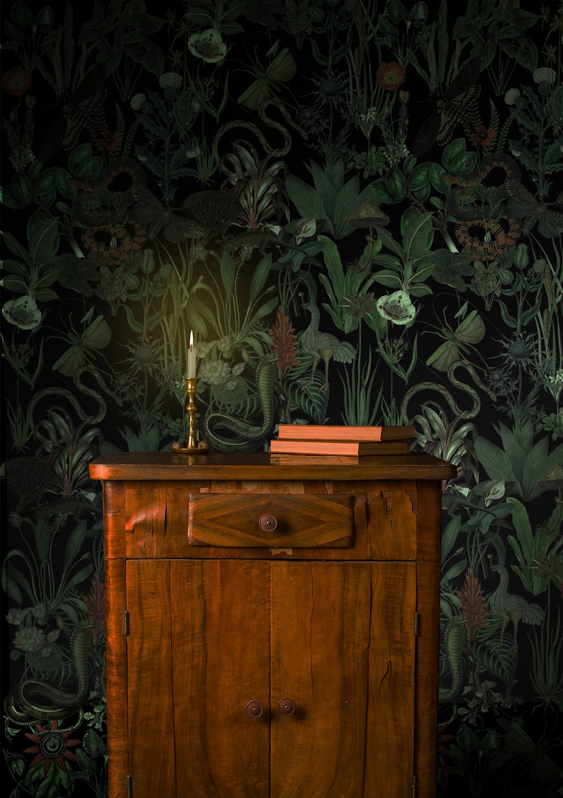 Enchanted garden wall mural, dark botanical wallpaper, vintage floral art, home decor, peel and stick self adhesive or traditional wallpaper image 7