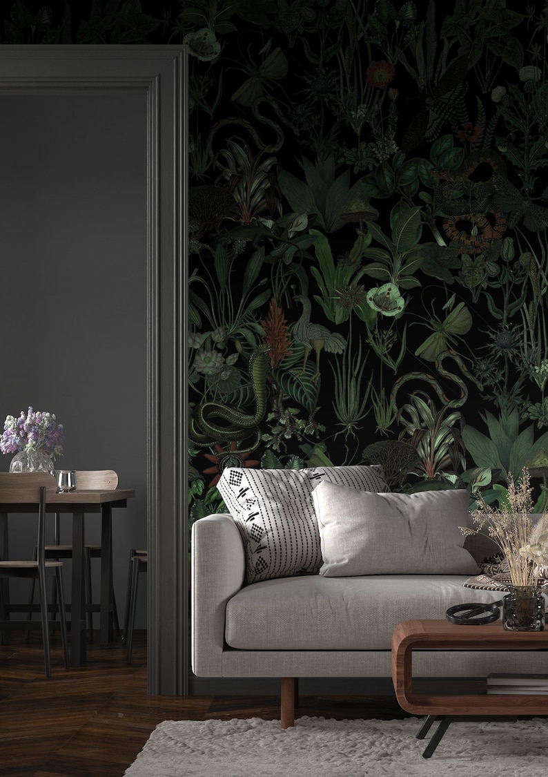 Enchanted garden wall mural, dark botanical wallpaper, vintage floral art, home decor, peel and stick self adhesive or traditional wallpaper image 6