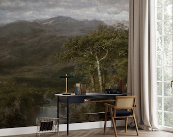 Vintage tree landscape wallpaper, ancient wall mural, home decor, peel and stick self adhesive or traditional wallpaper