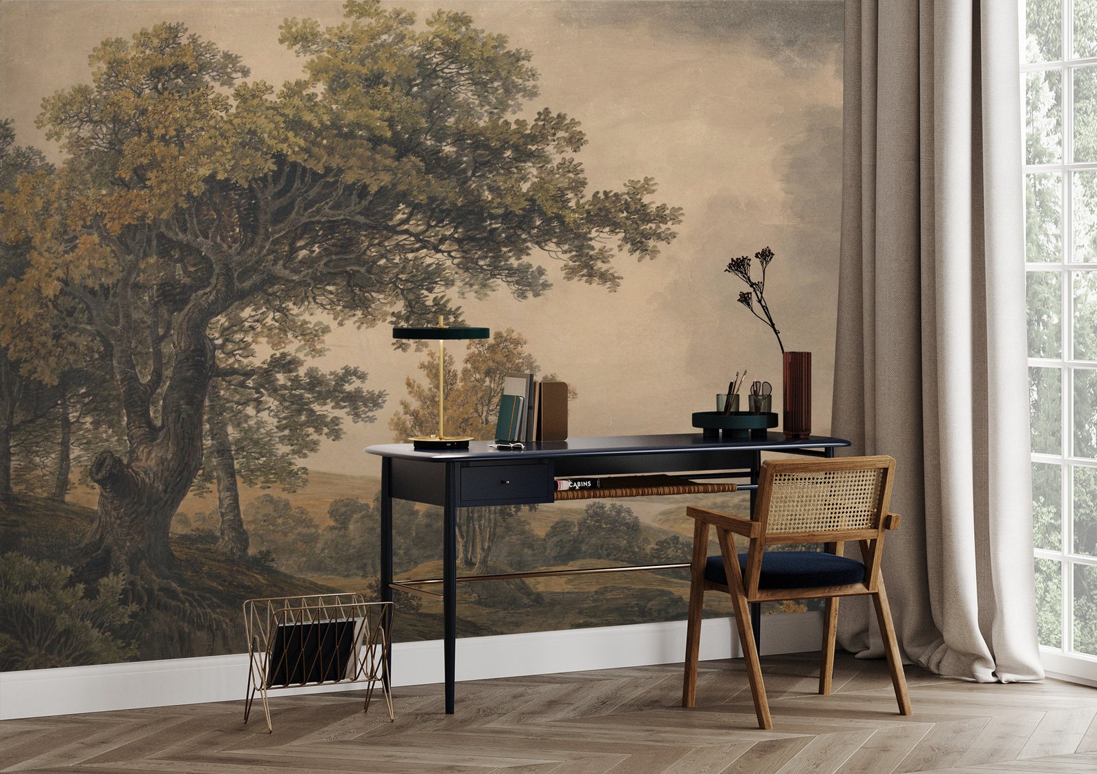 Vintage Tree Landscape Wallpaper, Mountain Wall Mural, Home Decor, Peel ...