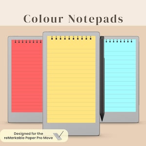 May include: Three digital notepads with red, yellow, and blue lined pages. The notepads have a silver frame and black spiral binding. A black stylus is placed next to the yellow notepad. The text "Colour Notepads" is at the top.
