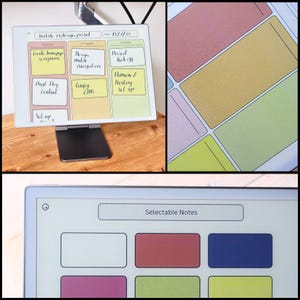 Puede incluir: Una tableta digital que muestra un plan de proyecto de rediseño de sitio web. La pantalla muestra una lista de tareas con elementos como "Crear página de inicio" y "Diseñar navegación móvil". La tableta está sobre un soporte, con una superficie de madera en el fondo.