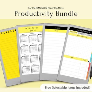 Puede incluir: Un paquete de productividad para el reMarkable Paper Pro Move. La imagen muestra plantillas de planificador digital con detalles en amarillo, incluyendo un calendario de 2026, páginas de notas y resúmenes de reuniones. El texto "Free Selectable Icons Included!" también es visible.