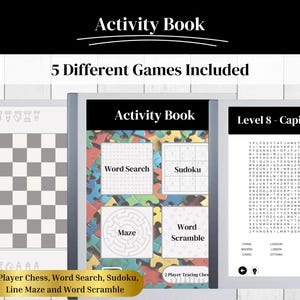 May include: A colorful activity book with a cover featuring a word search, sudoku, maze, and word scramble puzzles. The book includes 5 different games and is labeled "Level 8 - Capital Cities".