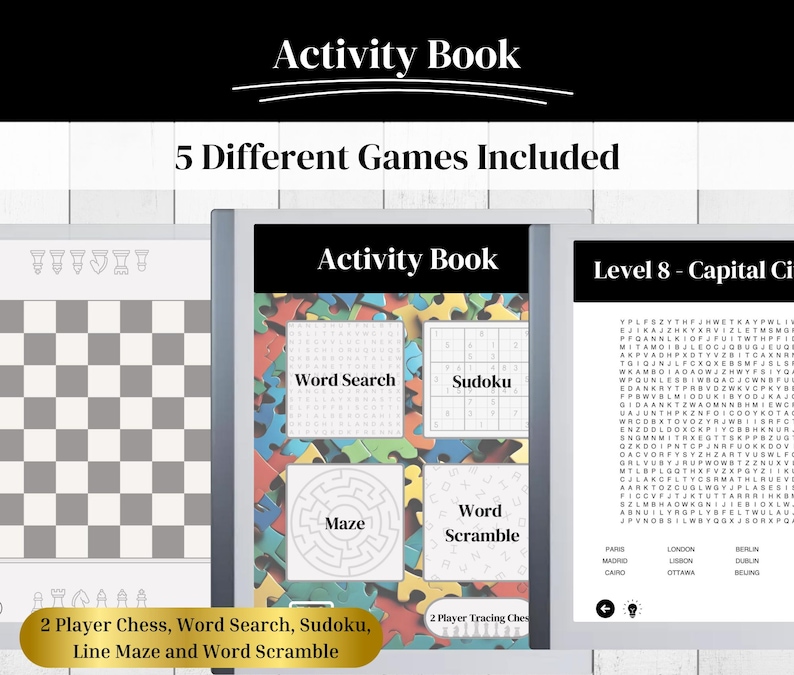 May include: A colorful activity book with a cover featuring a word search, sudoku, maze, and word scramble puzzles. The book includes 5 different games and is labeled "Level 8 - Capital Cities".