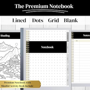 Notebook PDF-Vorlage, kompatibel mit reMarkable 1 & 2, zusätzliche Raster-, Punkt- und leere Seiten, Bonus-Seiten für achtsame Aktivitäten.