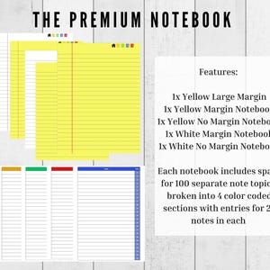 Pode incluir: Imagem de um caderno premium com o texto "THE PREMIUM NOTEBOOK". O caderno apresenta p&aacute;ginas amarelas e brancas com e sem margens. O caderno inclui espa&ccedil;o para 100 t&oacute;picos de notas separados, divididos em 4 se&ccedil;&otilde;es codificadas por cores.