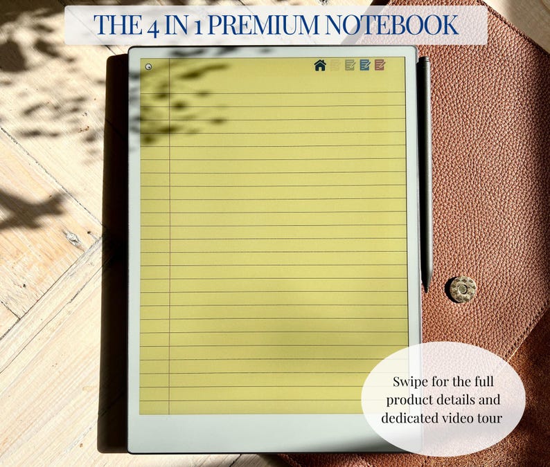 Pode incluir: Um caderno digital com tela amarela listrada, caneta preta e capa de couro marrom. O texto "THE 4 IN 1 PREMIUM NOTEBOOK" est&aacute; no topo. A imagem tamb&eacute;m inclui o texto "Swipe for the full product details and dedicated video tour."