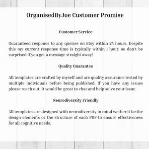 Pode incluir: Um documento branco com o texto "OrganisedByJoe Customer Promise" no topo. O documento detalha o atendimento ao cliente, a garantia de qualidade e os princ&iacute;pios de design favor&aacute;veis &agrave; neurodiversidade. O fundo &eacute; um gr&atilde;o de madeira clara.