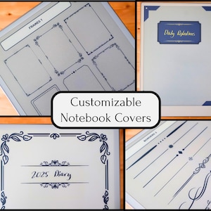 以下が含まれることがあります： ノートカバーのデザインのコラージュ。濃い青色の装飾フレームとボーダーが、明るい灰色の背景に配置されています。「Daily Reflections」と書かれたカバーと「2025 Diary」と書かれたカバーがあります。「Customizable Notebook Covers」の文字も表示されています。