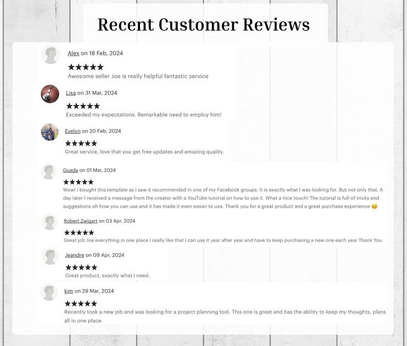 May include: Screenshot of recent customer reviews for a digital product. The reviews are positive and highlight the product's ease of use, helpfulness, and value for money.