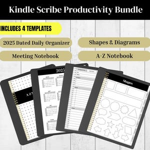 May include: A Kindle Scribe Productivity Bundle with four templates: a 2025 dated daily organizer, shapes & diagrams, a meeting notebook, and an A-Z notebook. The bundle includes a black Kindle Scribe device with a white spiral-bound notebook design.
