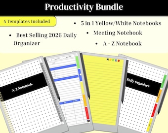 Pacote de modelos para o reMarkable Paper Pro | Organizador diário 2026, caderno de reuniões, anotações de A a Z, caderno 5 em 1 + rastreador de hábitos grátis