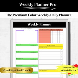 Peut inclure: Un modèle de planificateur hebdomadaire conçu pour la tablette reMarkable Pro. Le planificateur présente un design coloré avec des sections pour les tâches quotidiennes, le suivi des habitudes et un objectif de la semaine. Il est intitulé "Convient aux gauchers et aux droitiers".