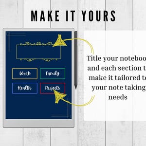 Pode incluir: Um tablet digital exibe um layout de caderno com se&ccedil;&otilde;es rotuladas como Trabalho, Fam&iacute;lia, Sa&uacute;de e Projetos. O texto "MAKE IT YOURS" est&aacute; no topo. Uma caneta est&aacute; posicionada &agrave; direita. A imagem incentiva a personaliza&ccedil;&atilde;o de notas.