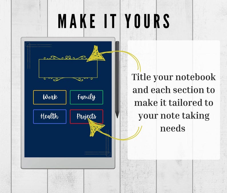 Pode incluir: Um tablet digital exibe um layout de caderno com se&ccedil;&otilde;es rotuladas como Trabalho, Fam&iacute;lia, Sa&uacute;de e Projetos. O texto "MAKE IT YOURS" est&aacute; no topo. Uma caneta est&aacute; posicionada &agrave; direita. A imagem incentiva a personaliza&ccedil;&atilde;o de notas.