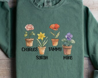 Custom Birth Flower Personalized Name Shirt,  Grandma Mom Watercolor Wildflowers Gift Comfort Colors, Boho Cottagecore Family Garden Shirt