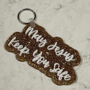 May Jesus Keep You Safe Keychain – Christian Gift, Religious Key Ring, Faith Keychain, Gold Glitter Acrylic Keychain