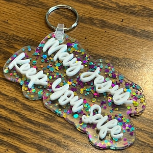 May Jesus Keep You Safe Keychain – Christian Gift, Religious Key Ring, Faith Keychain, Confetti Purple Gold Green Glitter Acrylic Keychain