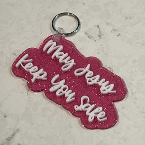 May Jesus Keep You Safe Keychain – Christian Gift, Religious Key Ring, Faith Keychain for Women, Pink Silver Glitter Acrylic Keychain