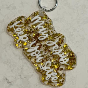 May Jesus Keep You Safe Keychain – Christian Gift, Religious Key Ring, Faith Keychain for Women, Gold Yellow Glitter Acrylic Keychain