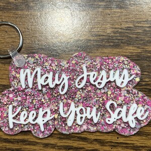 May Jesus Keep You Safe Keychain – Christian Gift, Religious Key Ring, Faith Keychain for Women, Glitter Acrylic Keychain