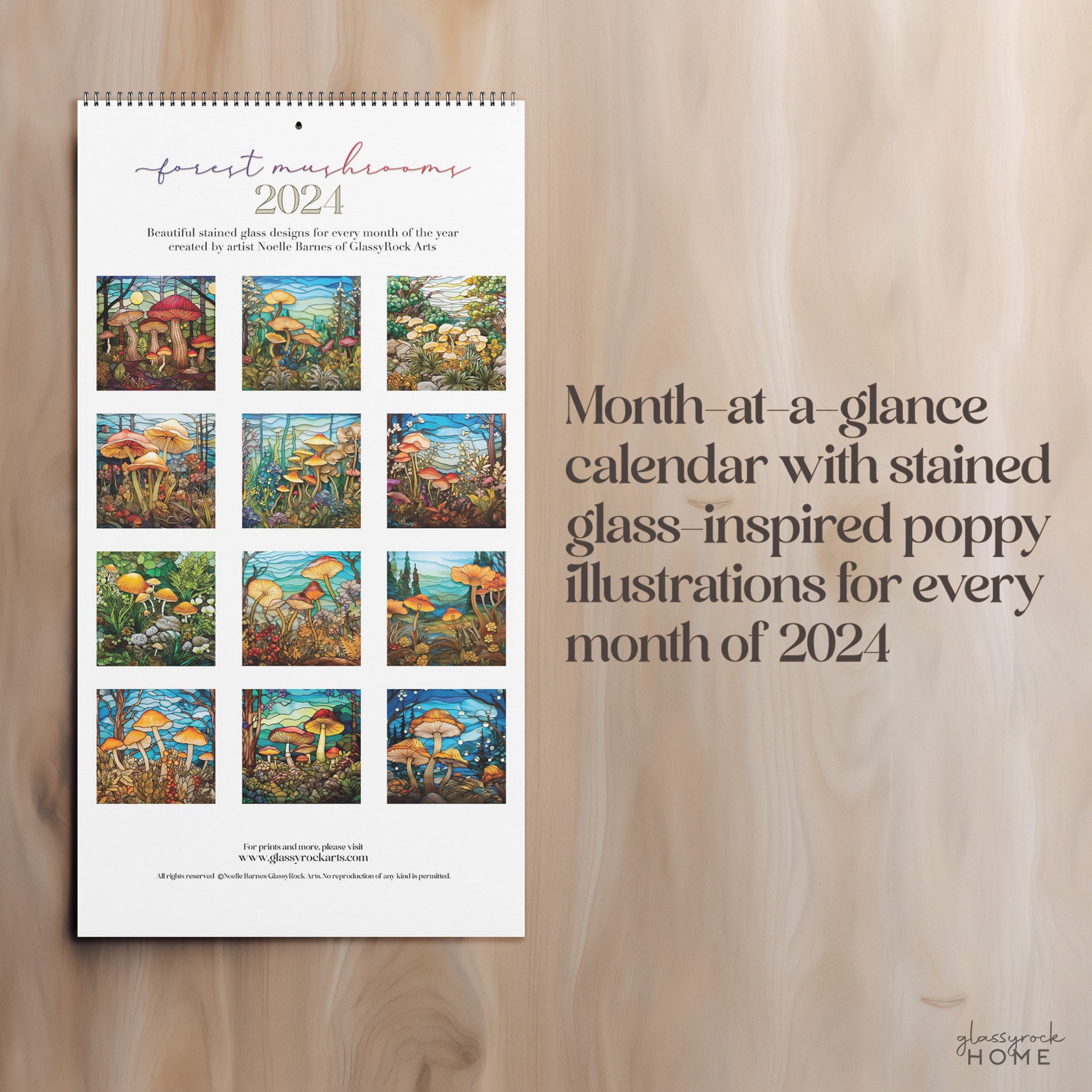 Stained Glass Forest Mushrooms 2024 Wall Calendar, Month at A Glance