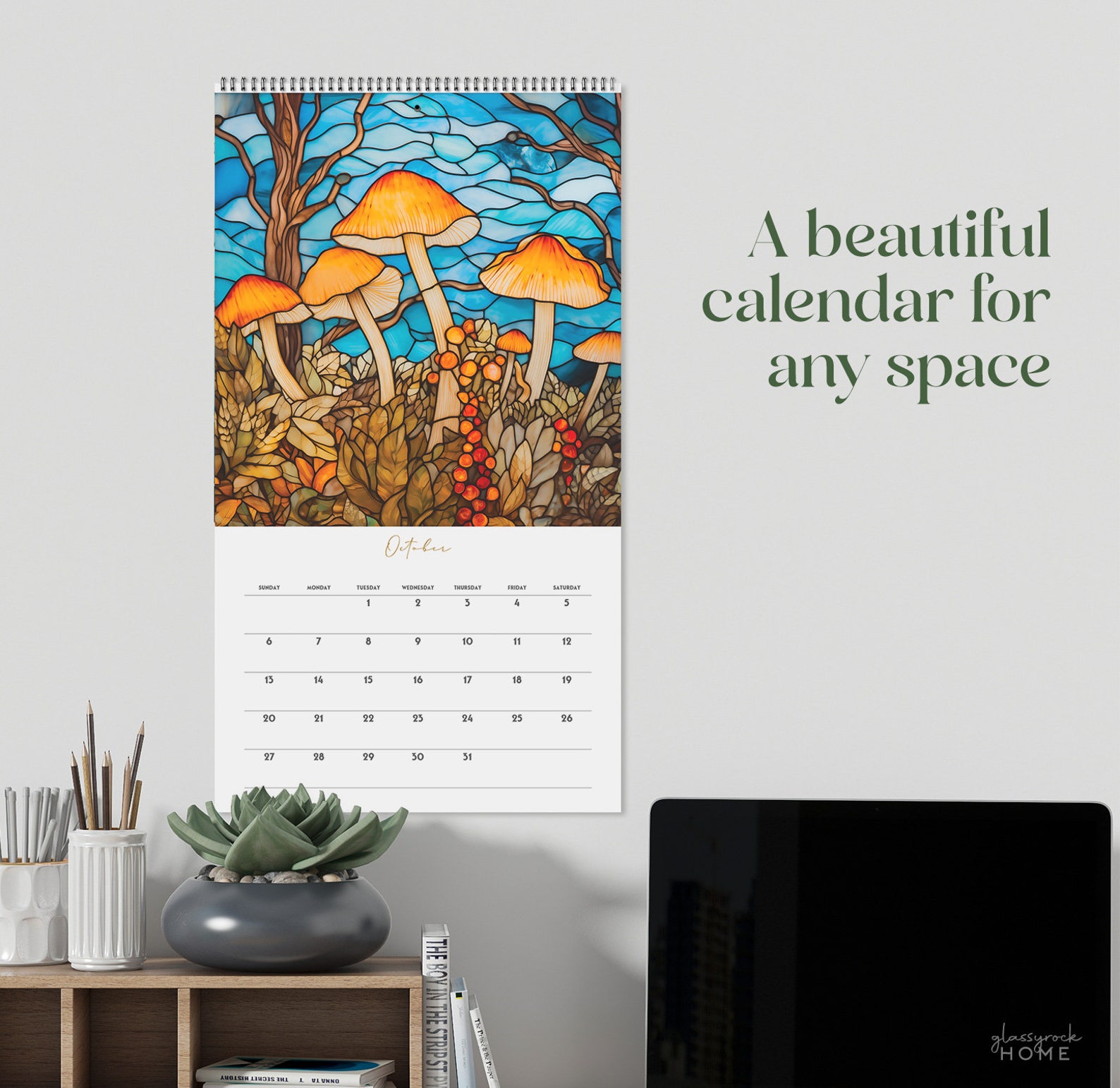 Stained Glass Forest Mushrooms 2024 Wall Calendar, Month at A Glance