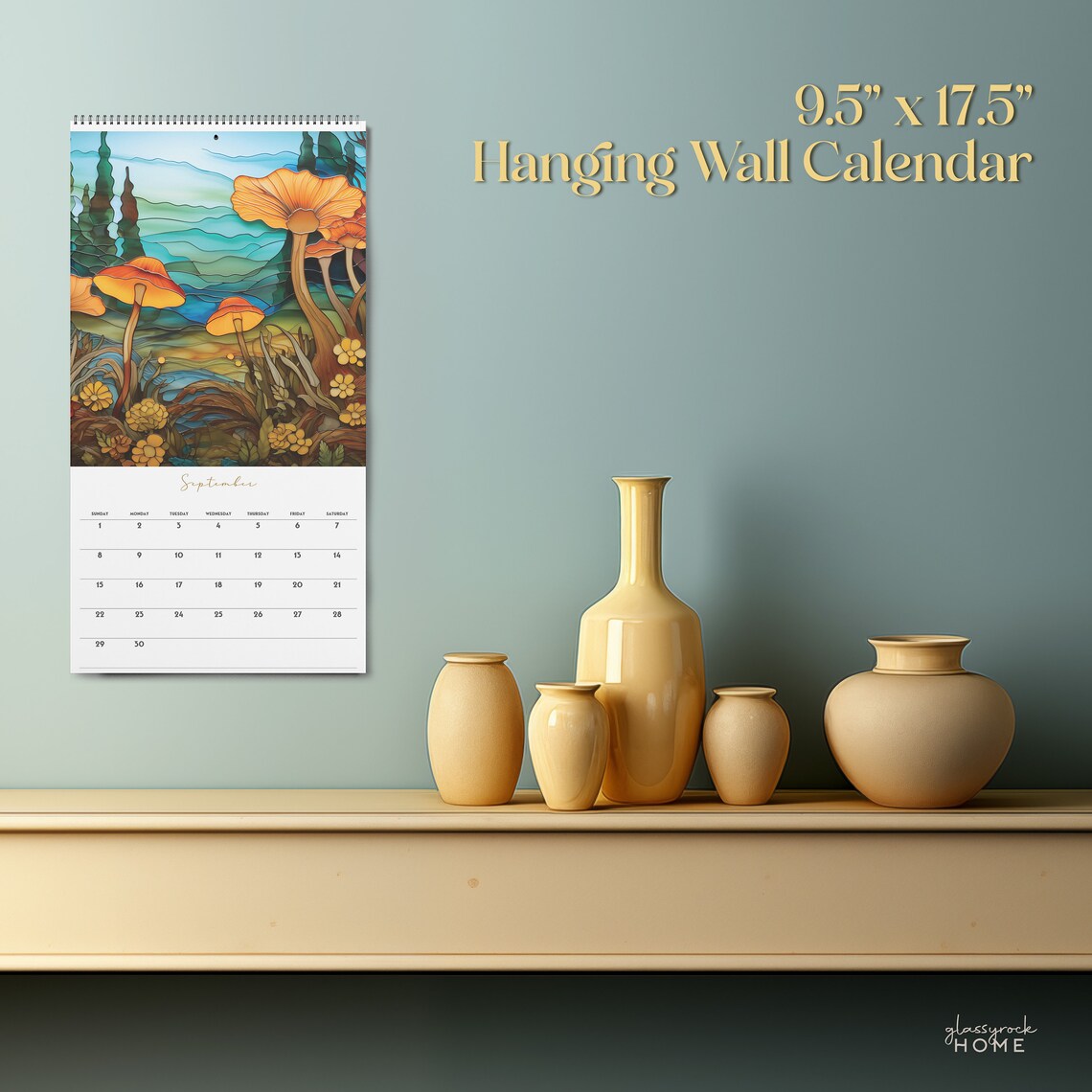 Stained Glass Forest Mushrooms 2024 Wall Calendar, Month at A Glance