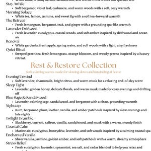 May include: A list of scent descriptions from the "Refresh & Renew Collection" and "Rest & Restore Collection". The text describes various fragrance combinations, including Daybreak, Stillwater, and Evening Unwind, with key ingredients.