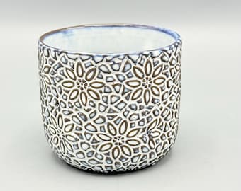 Custom Scented Soy Candle - 6oz - Textured Daisy Pattern White and Blue Ceramic Pot - Hand Curated - Planters - Repurposed & Sustainable